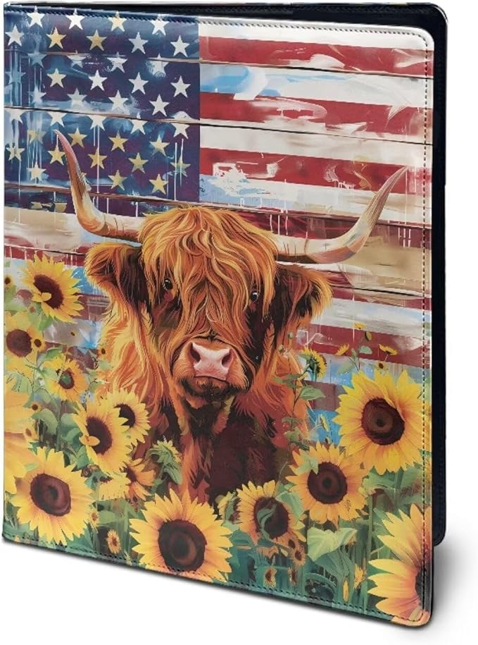 Office Folder American Flag Sunflower Cow Print PU Leather Padfolio with A4 Size Clipboard Clip for Business Resume Interview Document Sleeve Binder Folder