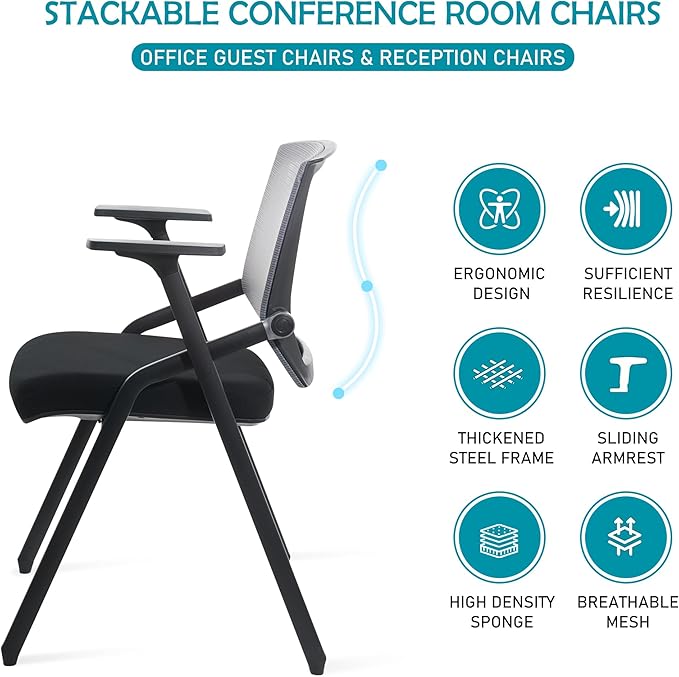 Conference Room Chairs, Folding Office Desk Chair with Lumbar Support and Sliding Armrest with Casters, Stackable Office Guest Chairs & Reception Chairs(4 Pack)