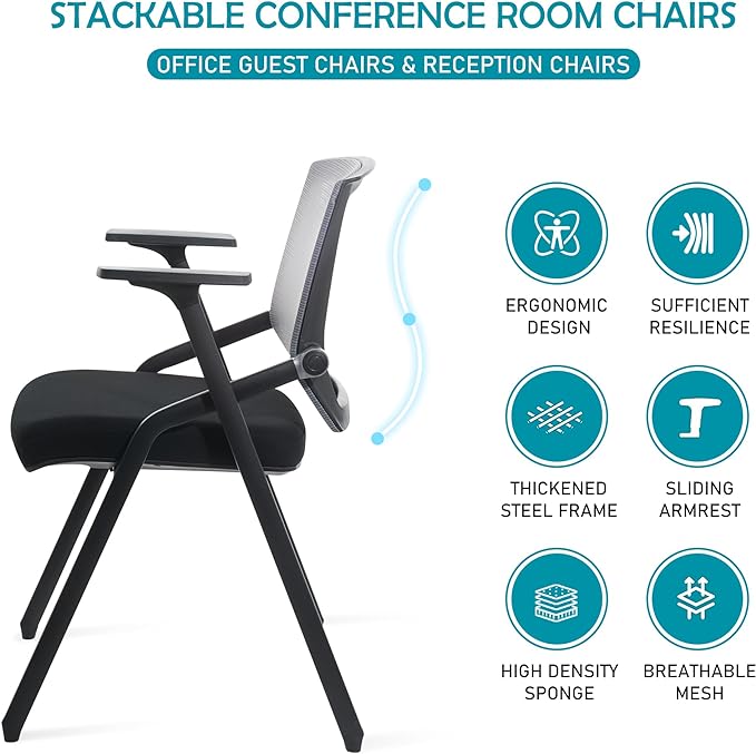 Conference Room Chairs, Folding Office Desk Chair with Lumbar Support and Sliding Armrest, Stackable Office Guest Chairs & Reception Chairs(8 Pack)