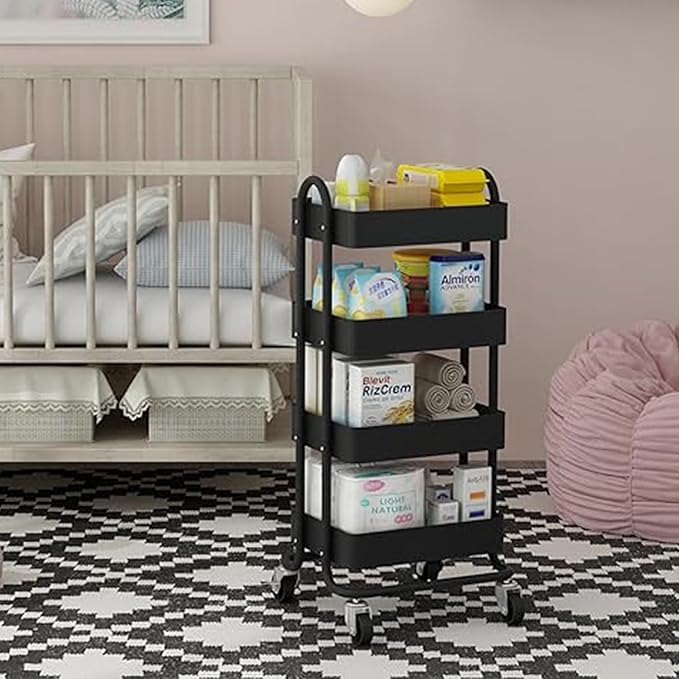 4-Tier Black Rolling Cart,Metal Rolling Utility Cart with Handle,Multifunction Rolling Carts with Wheels,Kitchen Storage Carts Suitable for Office,Home,Kitchen,Garden（13.4"x18.1"x40"） Black