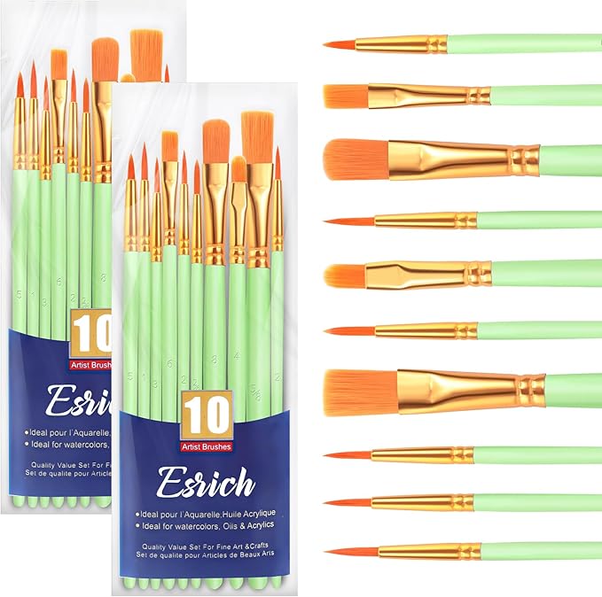 ESRICH Paint Brushes Set,2 Packs 20 Pcs Acrylic Paint Brush Set,St. Patrick's Party Acrylic Oil Watercolor, Face Nail Art, Miniature Detailing,Rock Painting,Painting Artist Professional Kits,Green