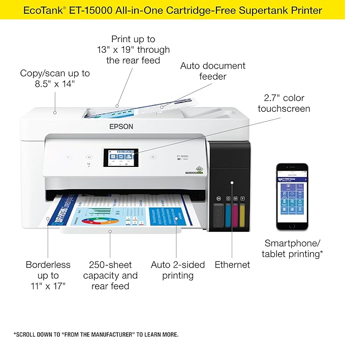 Epson EcoTank ET-15000 Wireless Color All-in-One Supertank Printer with Scanner & 522 EcoTank Ink Ultra-high Capacity Bottle Yellow (T522420-S) Works with EcoTank ET-2720