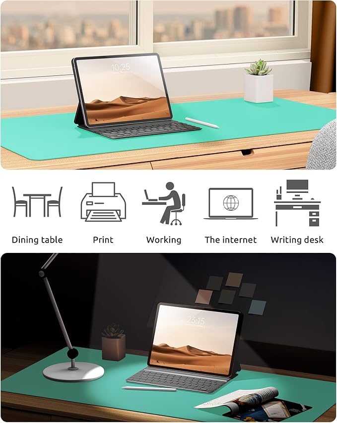 YSAGi Leather Desk Protector, Office Mat, Large Mouse Pad, Non-Slip PU Leather Blotter, Laptop Desk, Waterproof Writing Pad for Office and Home (Calamine Blue, 35.4" x 17")