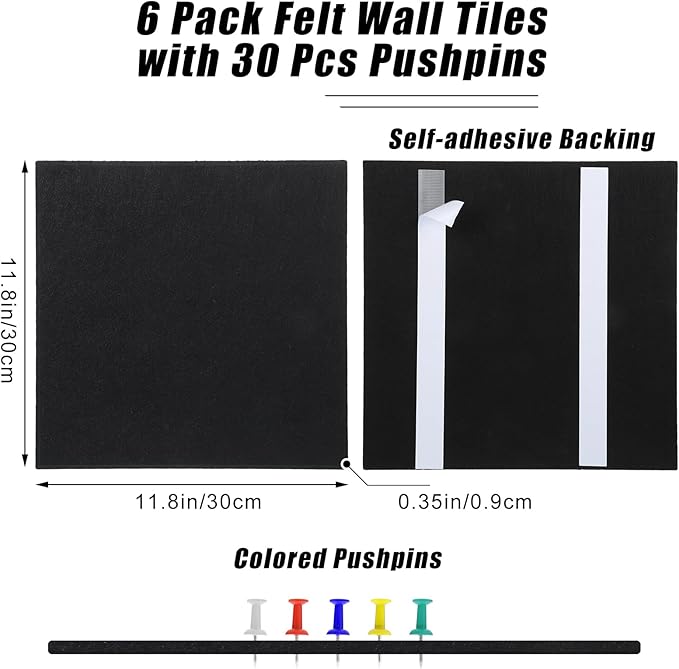 Large Cork Board 36" x 24", 6 Pack Felt Wall Tiles with Colored 30 Pcs Pushpins, Black Bulletin Board with Removable Self-Adhesive Strips, Pin Board Cork Boards for Walls Office Home- Black