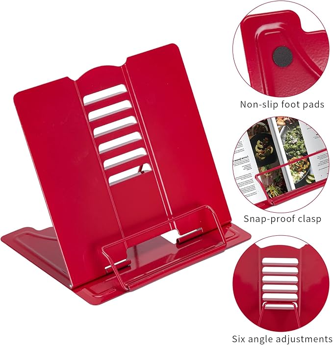 Full Red Metal Book Stand - Adjustable Book Holder for Reading
