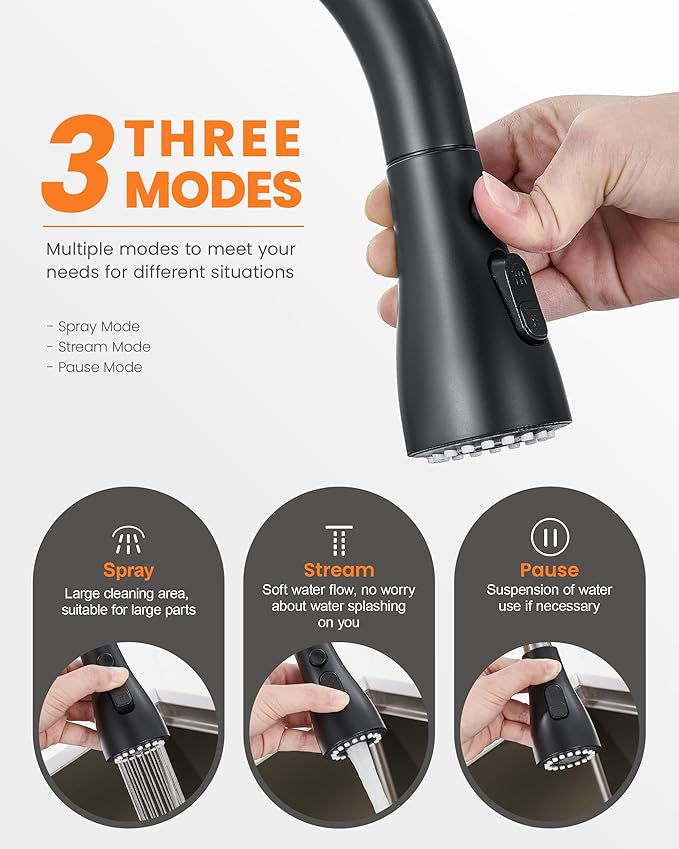 Black Kitchen Faucet 3 Hole with Pull Down Sprayer, 2-Handle High Arc Kitchen Sink Faucet with 3 Function Spray, Stainless Steel, T-3005B