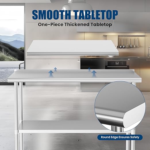 Stainless Steel Table 30 x 48 Inches Metal Prep Table with Backsplash & Adjustable Undershelf, Stainless Table for Commercial Kitchen, Outdoor, Restaurant, Hotel & Garage