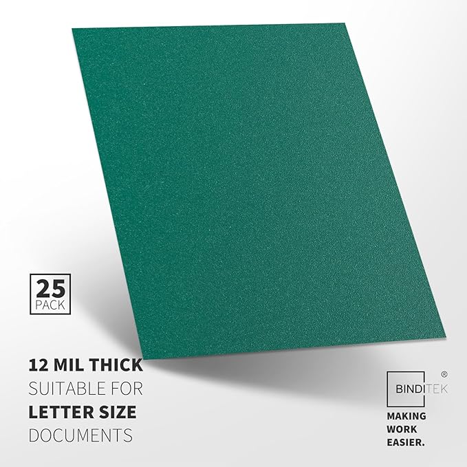 Binditek 25 Pack 12 Mil Sand-Textured Polycover - Plastic Binding Cover for Business Reports and Proposals - Lightly Textured Sand Finish - Square Corners, Un-Punched, Green, Office Supplies