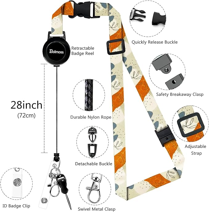 Leather ID Badge Holder with Detachable Lanyards,Adjustable Lanyard with Retractable Reel, Quick Release Buckle and Safety Breakaway Lanyards & Swivel Metal Clasp for Work Nurse Teacher (Desert Leaf)