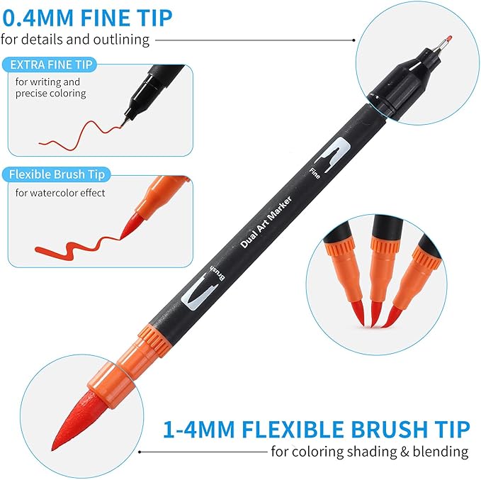 100 Art Markers Set for Adult Coloring Books No Bleeding,Bullet Journal Pens Watercolor Markers for Artists Painting Calligraphy Dual Tip Markers Brush and Fine for Kids Teens Women Drawing Coloring