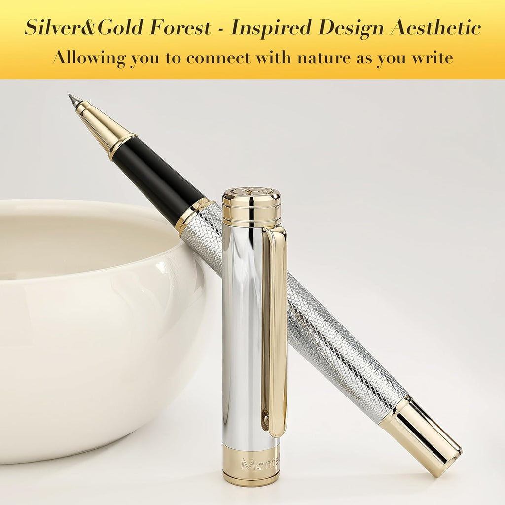 Silver Chrome Rollerball Pen, Stunning Luxury Pen with Mesh Texture Design、Silver Chrome Finish and 24K Gold Accents, Nice Gift Set for Men & Women, Business, Executive, Office, Fancy Pens