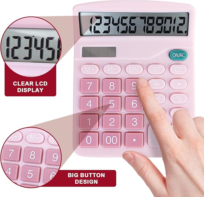 Basic Calculator with Comfortable Large LCD Display, 12 Digits Calculators Desktop, Tilt Screen, Big Button, Desk Calculator with Dual Power (Solar & Battery Included) (Pink)