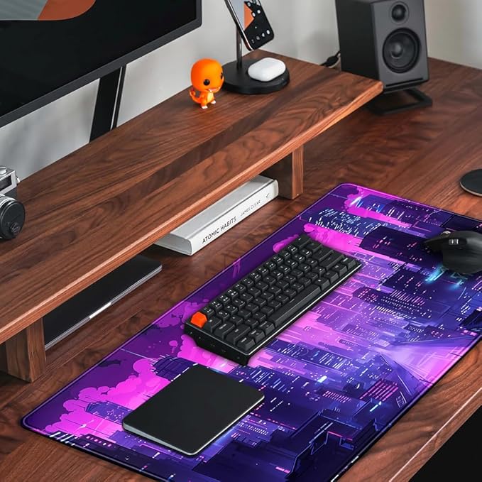Cyberpunk Neon Purple City Gaming Desk Mouse Pad XL Pink Extended Mouse Pad Gaming, Keyboard Pc Office Laptop Mousepad Large, 31.5x15.8 in with Stitched Eges Non-Slip Base Mouse Pads