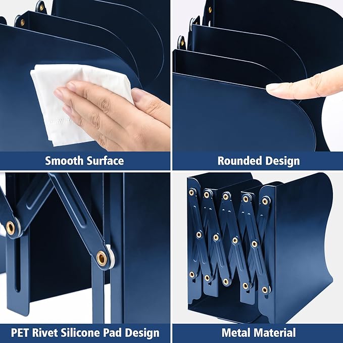 Adjustable Bookends, Heavy Duty Metal Book Ends for Book, 2 Dividers, Nonslip Book Stander for Desk, Shelf, Office, Stationery Gift, Extends up to 19 inches (Blue)