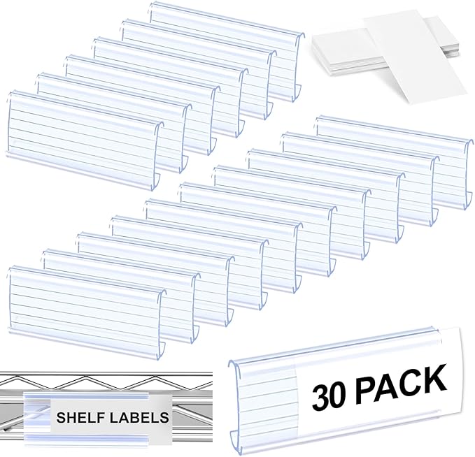 30 Pcs Label Holder Shelf Labels, Wire Shelf Label Holder with Label Paper Inserts, Shelf Labels for Wire Shelving, Metro Shelving Clips Plastic Label Holder Compatible with 1-1/4in Shelves