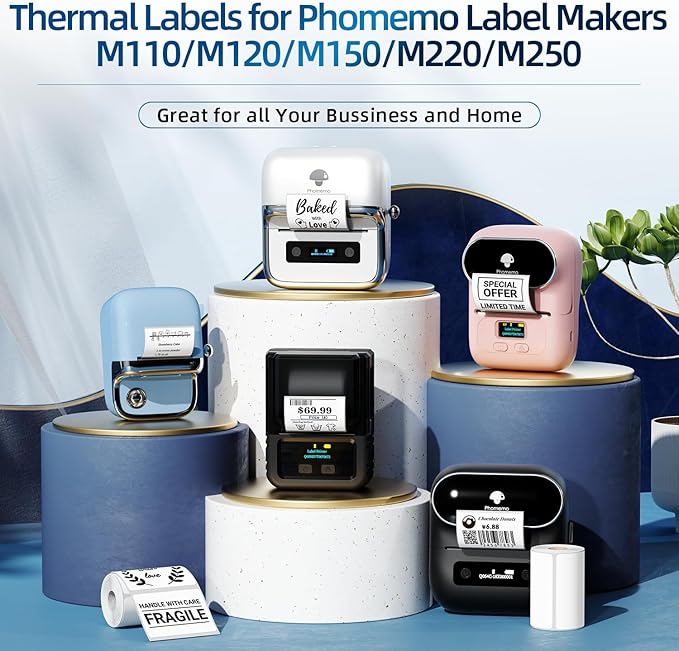 Phomemo Multi-Purpose Self-Adhesive Label for M120/M110/M220/M221/M150/M250 Label Maker,1.57'' x 1.18'' (40x30mm), 230Labels/Roll, for Barcode/Mailing/Logo/Address/Business/Home Tag, Black on White