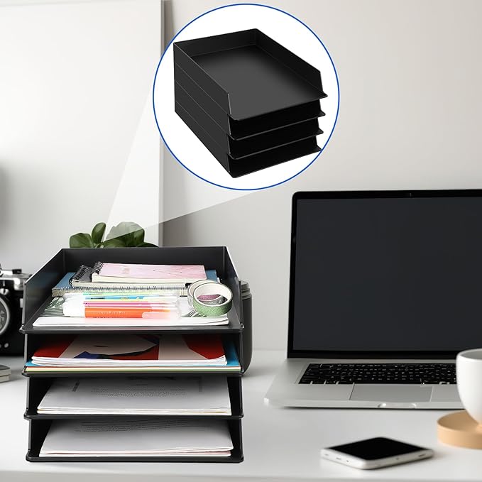 Wenqik 6 Pcs Stackable Paper Trays Rectangular Plastic Desk Tray Holder Desktop Document File Paper Organizer Plastic Storage Letter Tray for Office Classroom, Black