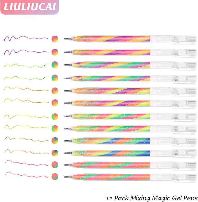 12 Pack Mixing of 3 Colors Rainbow Gel Pens Color Changing Ballpoint Pen Glitter Pen Set for Adults Coloring Books Drawing Doodling Scrapbooking Notes