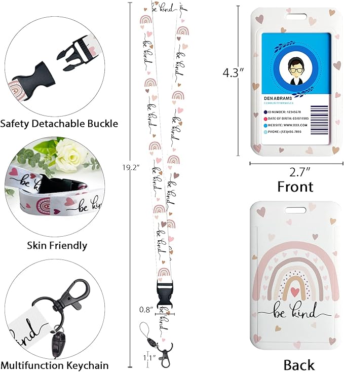 Be Kind Lanyards for Id Badges, Cute Rainbow Badge Reel Heavy Duty with Carabiner Clip, Fashionable ID Badge Holder with Breakaway Lanyard, Teacher Nurse Office Christmas Gifts