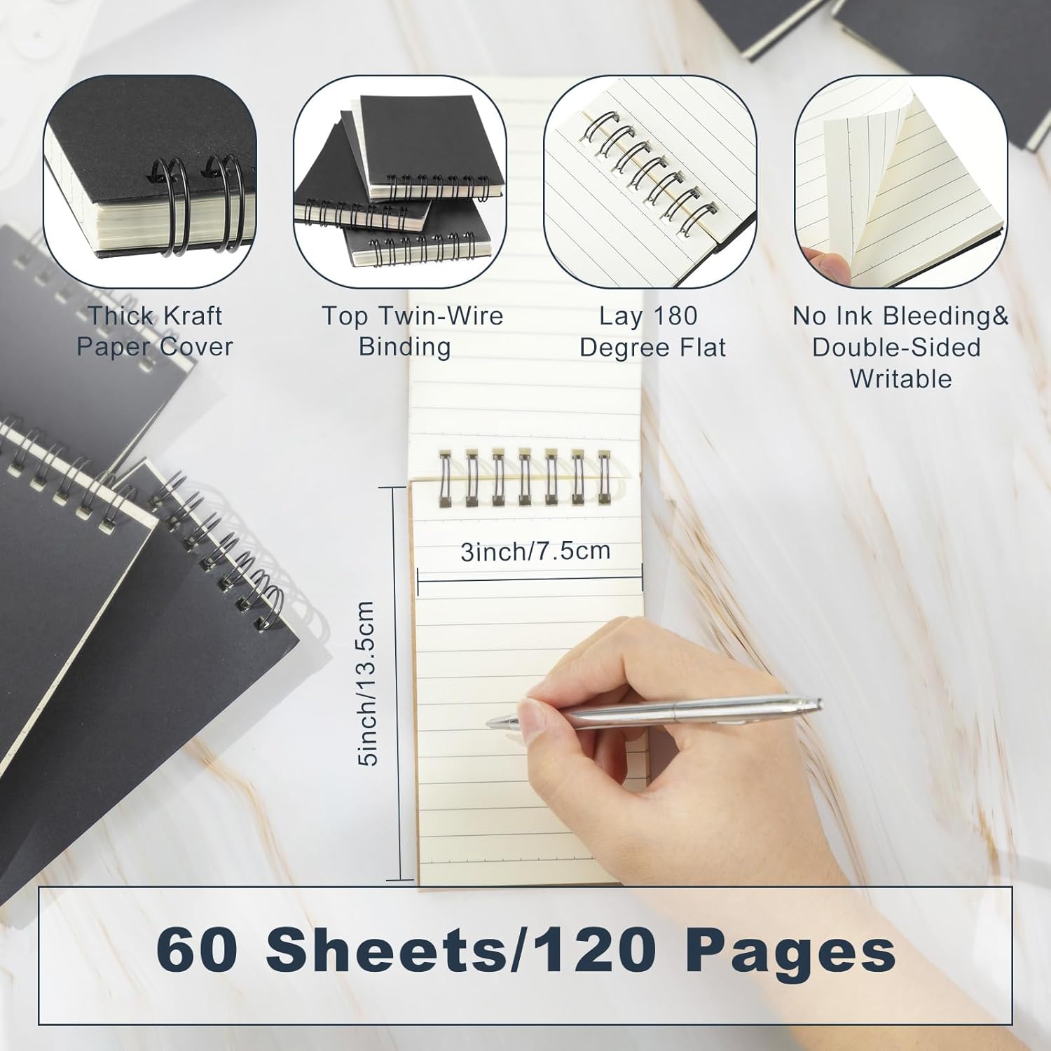 Tenceur 100 Pcs Pocket Notebook Bulk Small 3x5 Inch Spiral Notepads Mini Top Bound Notebook with Lined 120 Pages Ruled Memo Pads for Office College Nurse Essentials Back to School Gift (Black)