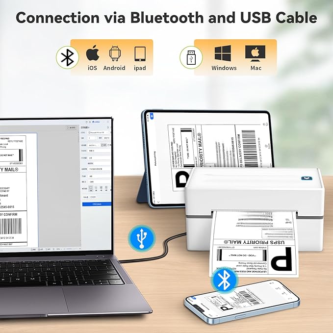 Bluetooth Thermal Shipping Label Printer, Wireless 4x6 Shipping Label Sticker Printer for Small Business and Office, Compatible with Android&iOS Windows, Used for Amazon, Shopify, Etsy USPS