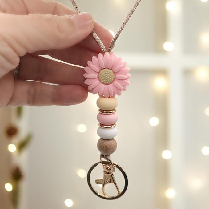 Flower Teacher Lanyards ID Badge and Key Chain, Cute Silicone Beads Lanyard for Women Nurse Work Student (Pink)