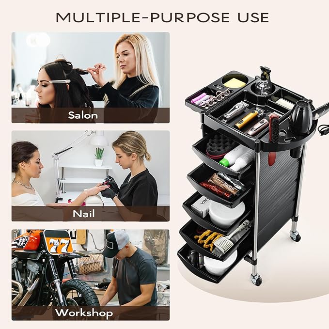 Salon Trolley Cart for Hair Stylist, Beauty Rolling Hair Salon Cart Rack with Worktop, Portable Salon Station with 5 Drawers, Professional Beautician’s Equipment Cart with Wheels for Salon/Spa/Tattoo