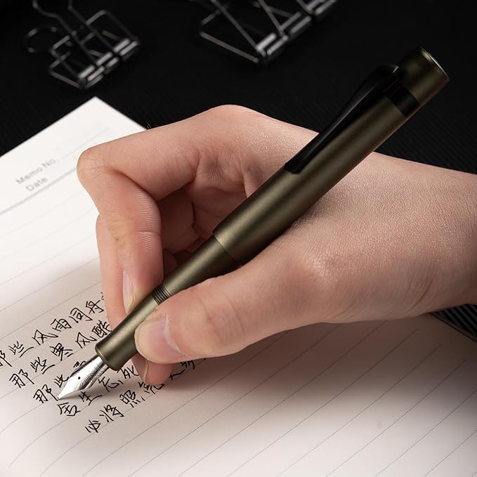 Hongdian M2 Black Forest Mini Fountain Pen, Extra Fine Soft Nib & Sleek Shape Aluminium Short Pocket Travel Pen (Army Green)