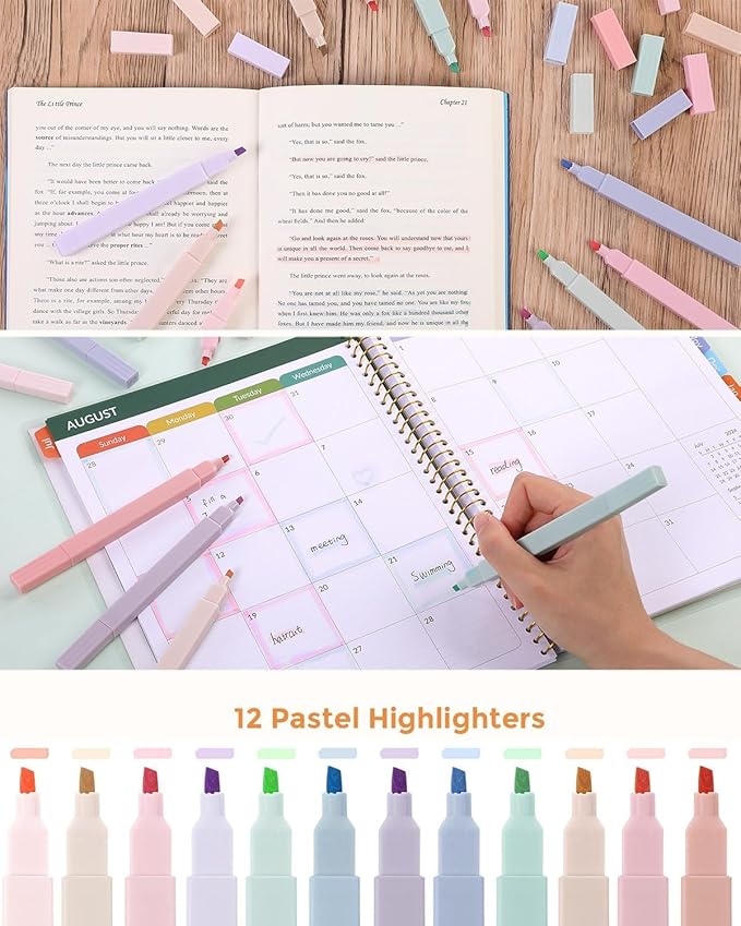 SKYDUE Cute School Supplies 44 PCS, Aesthetic Pencil Case with 12 Pastel Highlighters, 5 Black Gel Pens, 6 Color Gel Pens & Mechanical Pencils, College Essentials Students Stationary Set Blue