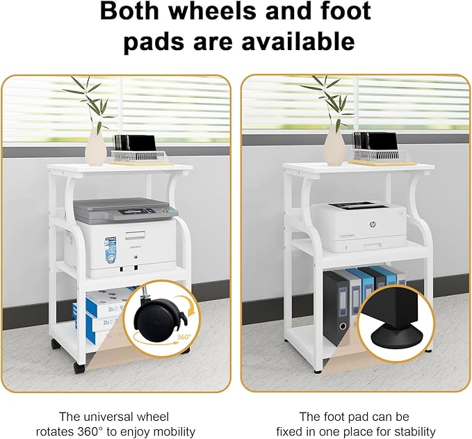 Natwind 3 Tier Printer Stand,Printer Table with Adjustable Storage Shelf, Rolling Printer Cart with Wheels for Home Office Organization,Multifunctional Shelves for Heat Press,3D Printer (White)