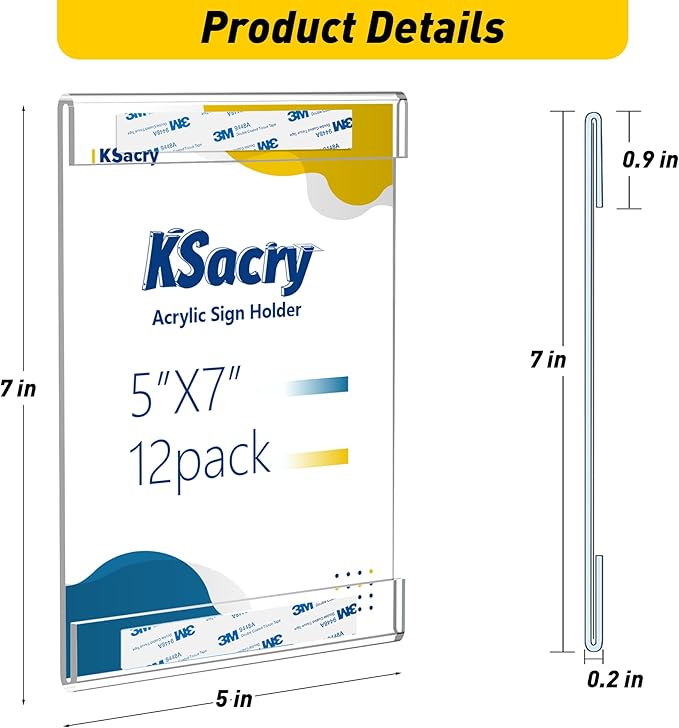 12 Pcs Acrylic Sign Holder 5 x 7, Vertical Wall Mount Sign Holders with 3M Adhesive, Clear Plastic Frames Paper Display Sign Holders for Office, Home, Store, Restaurant - No Drilling