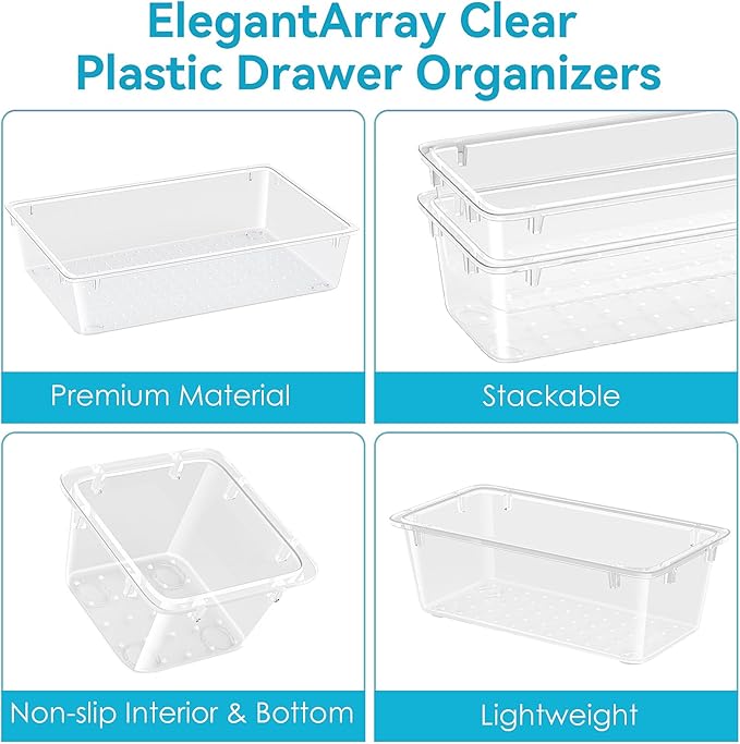 12-Piece Drawer Organizer Set, 4 Sizes Clear Plastic Makeup Vanity Organizer for Makeup, Stationery, Gadgets, Kitchen, Bathroom, Office, Bedroom