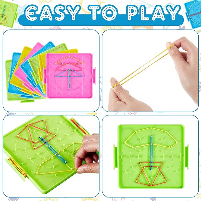 24 Pcs Double Sided Geoboard Mathematical Geoboards with Rubber Bands Math Manipulatives Toy for Geometry, 6.9 x 6.3 Inches