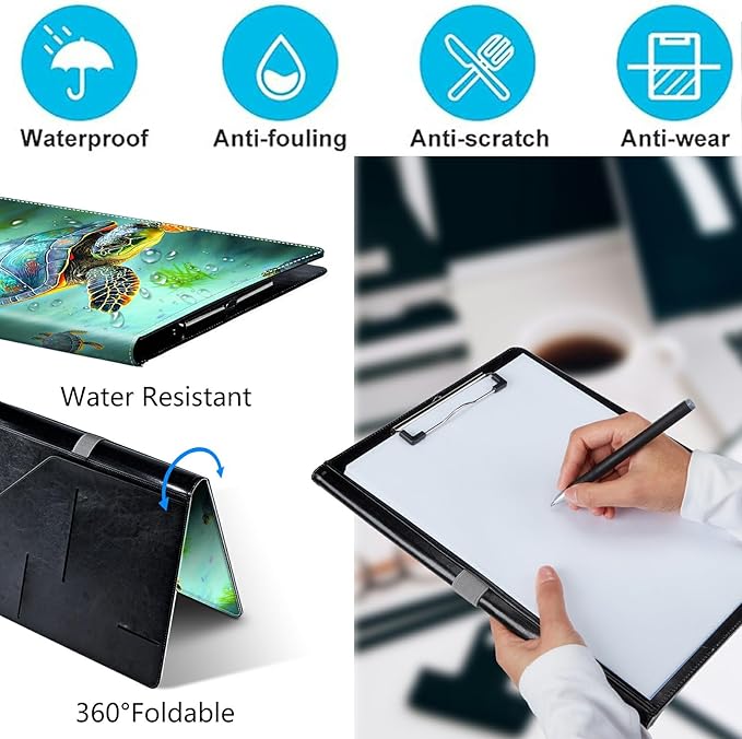PU Leather Padfolio Clipboard Notepad with Pen Loop and Elastic Strap Interview/Resume Document Organizer for Business School Office,Sea Turtles