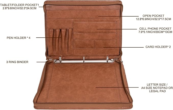 AZXCG Padfolio for Women, 3 Ring Binder Business Portfolio, Vegan Leather Zipper Binder Portfolio Folio, Document Notebook Organizer with A4 Clipboard Folder, Gift for Men, Brown