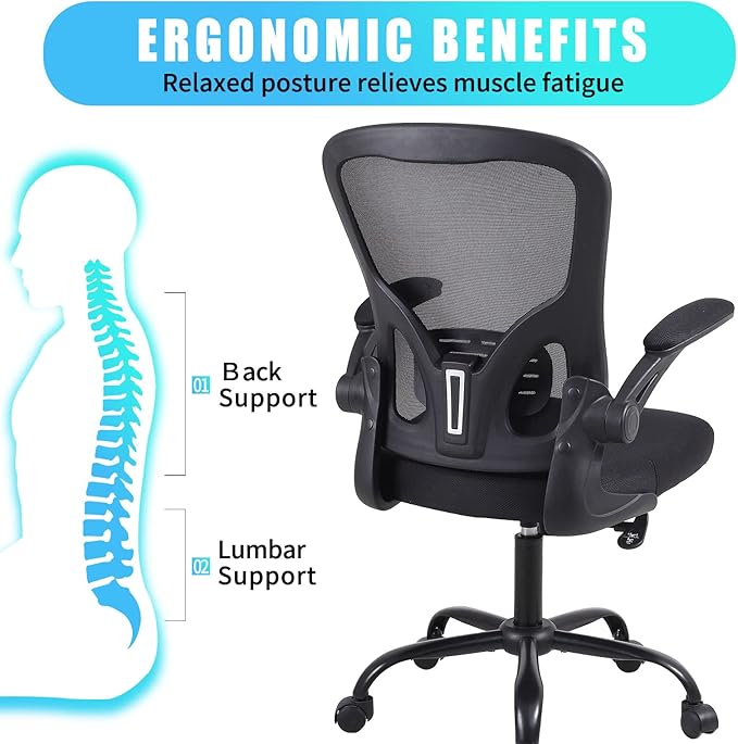 Flysky Ergonomic Office Desk Chair Breathable Mesh Swivel Computer Chair, Lumbar Back Support Task Chair, Office Chairs with Wheels and Flip-up Arms,Executive Rolling Chair