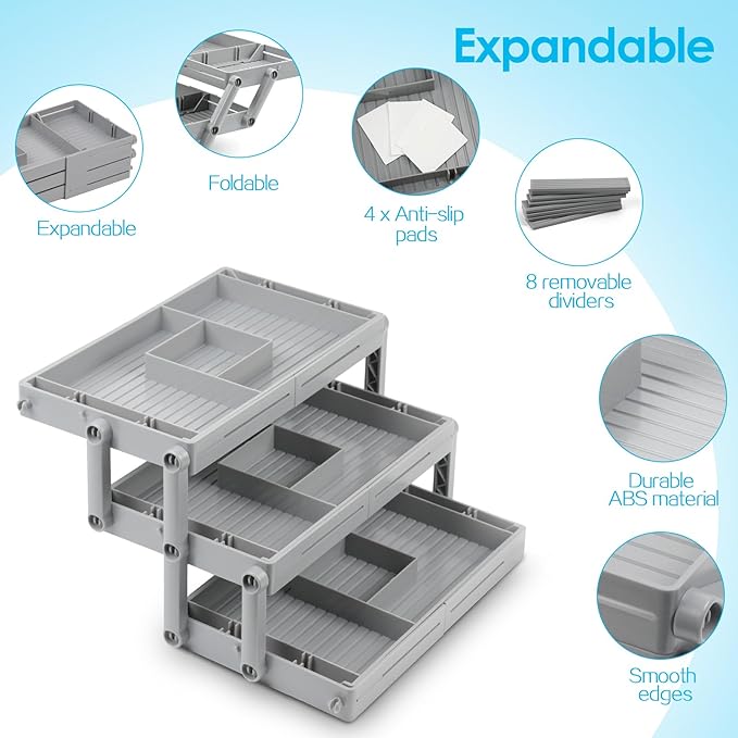 3 Tier Drawer Organizer, Multi Level Smart Drawer Organizer for Desk, Expandable Junk Organizer for Office, Makeup, Jewelry, Kitchen, Folding Storage Organizer for Home and Office Drawers