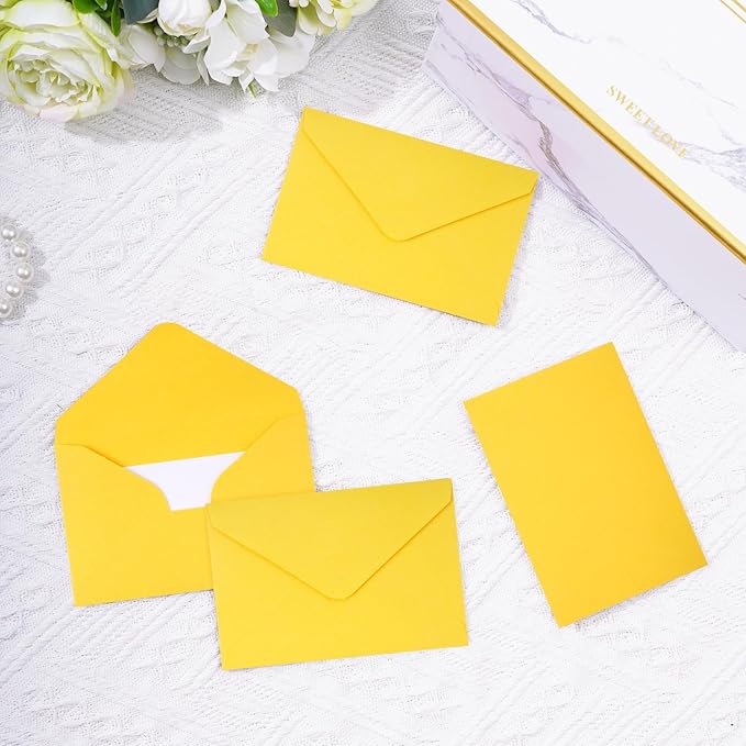 jiebor 100 Sets Small Yellow Envelopes with Small Blank Gift Business Card Wedding Invitation Pocket Envelopes for Graduations Wedding Shower Holiday 4.37 x 2.91 Inch
