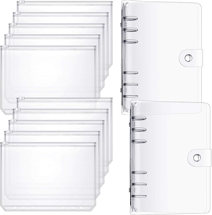 10 Pieces A6 Binder PVC Cover with 2 Pieces Clear PVC Zipper Binder Pockets, Waterproof 6-Ring Budget Binder Envelopes System Budget Planner Organizer for School Office