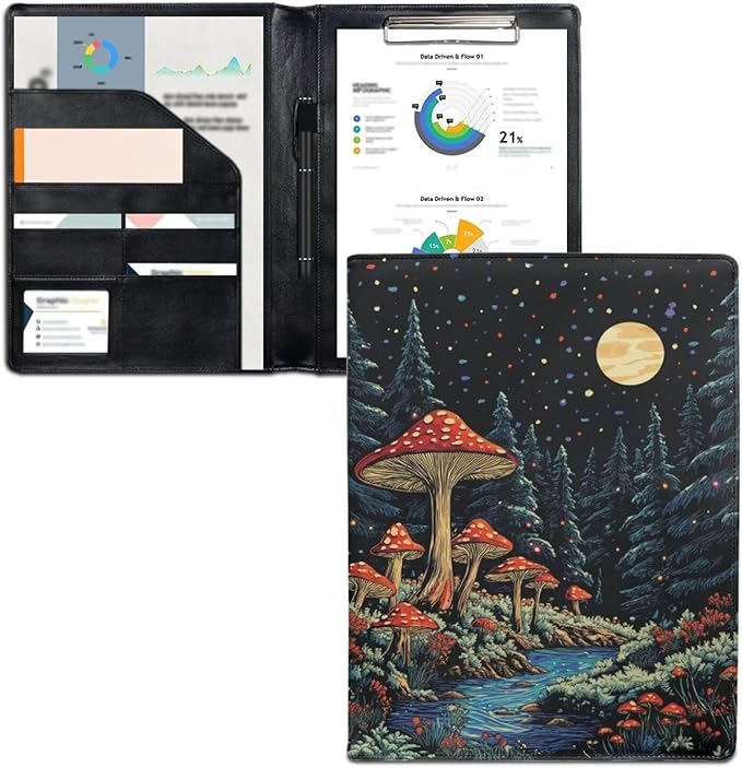 Cozeyat Moon Mushroom Portfolio Padfolio Resume Folder with Pocket, PU Leather Interview Writing Legal Pads Document Organizer Portfolio with Business Card Holder