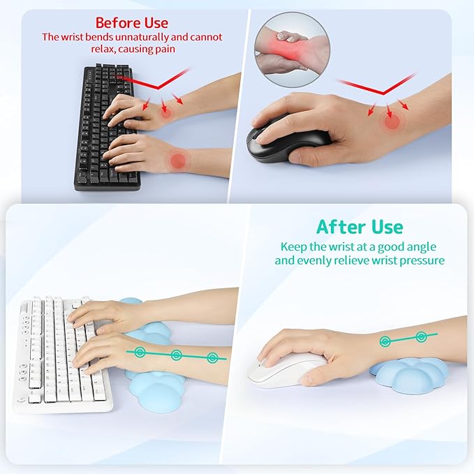 Cloud Wrist Rest Keyboard, Cloud Palm Rest Set with PU Leather Memory Foam, Cute Keyboard Rest for Wrist Support and Arm Rest, Desk Cloud Wrist Pad for PC/Gaming/Hand Cushion/Computer-Blue