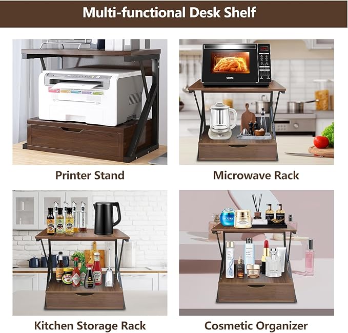 Printer Stand for Desk,2 Tier Desktop Printer Stand,Home Printer Stand with Storage Drawer,Small Printer Table,Desk Organizer Shelf for Top of Desk,Printer Rack for Fax Machine,Scanner-Walnut