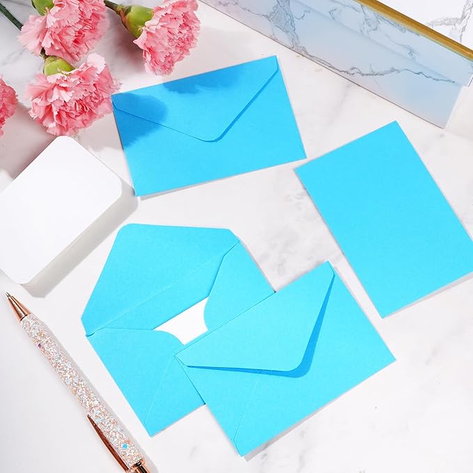 jiebor 100 Sets Small Envelopes with Small Blank Gift Business Card Wedding Invitation Pocket Envelopes for Graduations Wedding Shower Holiday 4.37 x 2.91 Inch Blue