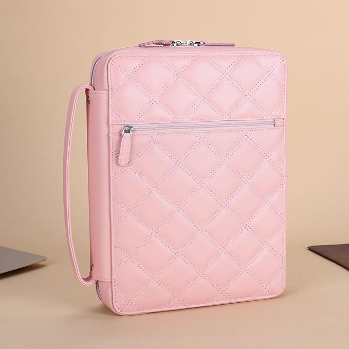 Polare Full Grain Napa Cowhide Leather Bible Cover Church Bag Bible Protective Book Holder Carrying Case Folder Organizer Portfolio for Women (Pink)