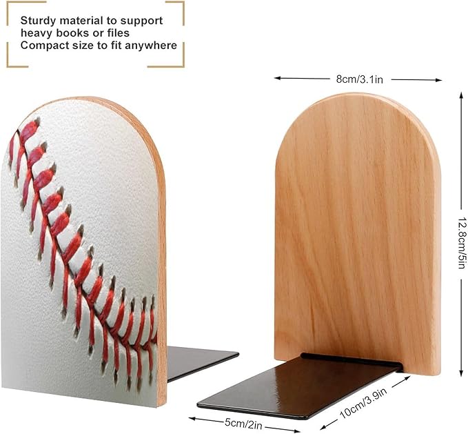2 Pack Wood Bookends, Sport Ball Baseball Lace Non-Skid Book Ends for Heave Books, Decorative Bookends for Shelves Desk, Book Stoppers Book Holders for Home Office Library School