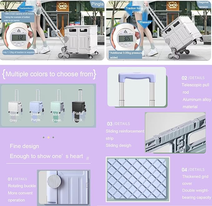 Foldable Utility Cart with Stair Climbing Wheels,Folding Portable Rolling Crate Handcart with Aluminium Alloy Telescoping Handles, Handcart for Grocery Book File Tool Art Supplies