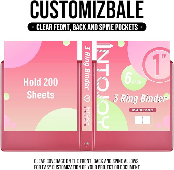 3 Ring Binder 1 Inch, IntoJoy 6 Pack Clear View 3 Hole Binder PVC-Free Fits 8.5x11 Inch Paper Flexible Round Ring Binders for School Office Home Binder Supplies (Red)