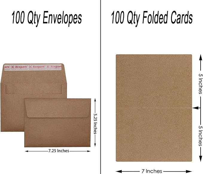 100 Qty 5.25 x 7.25 inches Printable A7 Invitation Envelopes & 100 Qty Folded Cards, Self Seal 120GSM Brown Kraft Paper Envelopes for Invitations, Papers, Photos, Documents, Wedding