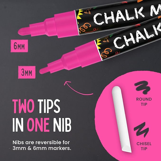 5 Pink Chalkboard Chalk Markers - Pink Dry Erase Markers for Blackboard, Chalkboard Signs, Windows, Glass | Variety Pack - Fine & Jumbo Size Ink Pen (1mm, 3mm, 6mm, 10mm, 15mm)