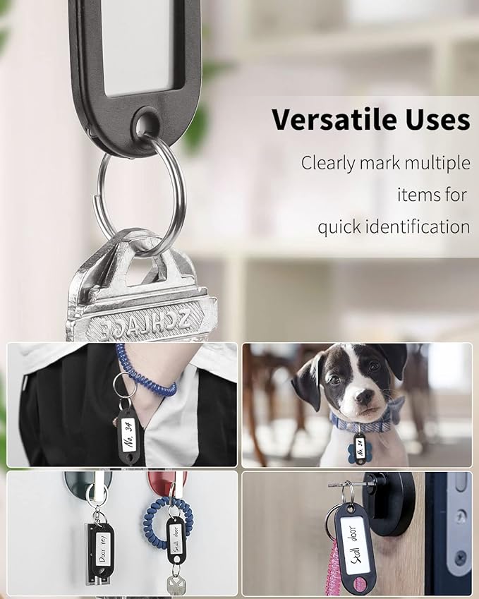 Uniclife 10 Pieces Key Tags 2 Inch Soft Plastic Key Chain Tags with Blank Paper Labels Clear Windows Protective Films and Split Rings Flexible Item Identifiers, Black